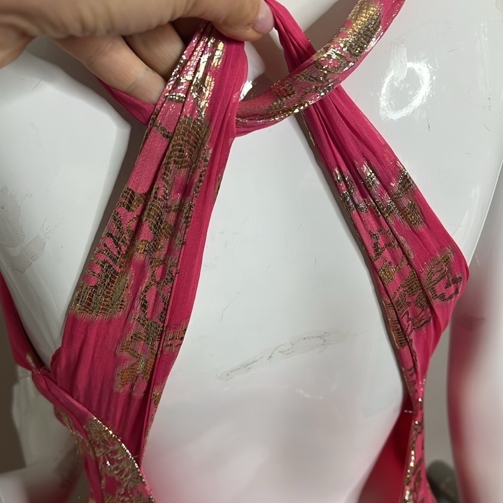 Xscape Sz 10 Pink Silk Gold Lurex Full Length Sleevles Gown Maxi Dress - Picture 10 of 14